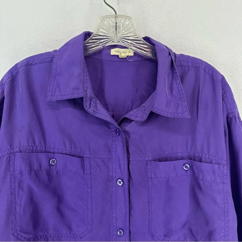 Silence + Noise Button‎ Down Long Sleeve Top 100% Silk Womens Large Purple